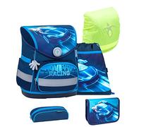 Belmil ergonomischer Schulranzen Set mit Regenschutz 5 -teilig für Kinder 1-4 Klasse Grundschule/Brustgurt/Magnetverschluss (Racing Blue Neon)