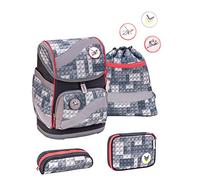 Belmil ergonomischer Schulrucksack Schulranzen Set 5 -teilig für Jungen 1-4 Klasse Grundschule mit Patch Set / Brustgurt, Hüftgurt / Magnetverschluss / Bausteine / Grau, Schwarz (405-51 Bricks Grey)