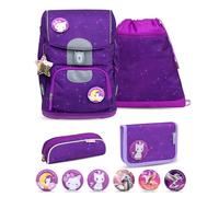Belmil Motion ergonomisches Schulranzen Set 5-teilig aus recyceltem Material mit Brustgurt, Hüftgurt, Magnetverschluss, Patch Set 6 Stück (405-74/AG/S) (Purple Sky 2)
