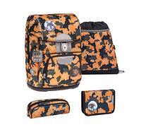 Belmil Motion ergonomisches Schulranzen Set 5-teilig aus recyceltem Material mit Brustgurt, Hüftgurt, Magnetverschluss, Patch Set 3 Stück (405-74/S Orange Camouflage)