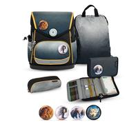 Belmil Premium Compact Plus ergonomisches Schulranzen Set 5 - teilig, AGR, Brustgurt, Hüftgurt, Magnetverschluss (405-41/P/S) (Black Grey 2)