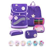 Belmil Premium Smarty Plus ergonomisches Schulranzen Set 5-teilig mit Patch Set 6 Stück, AGR, Brustgurt, Hüftgurt, Magnetverschluss (405-51/P/S Dahlia)