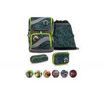 Belmil Smarty Schulranzen Set 5-teilig Green Splash mit Brustgurt, Hüftgurt, Magnetverschluss, Patch Set 6 Stück Green Splash Schulranzen Set