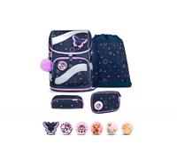 Belmil Smarty Schulranzen Set 5-teilig Purple Sky mit Brustgurt, Hüftgurt, Magnetverschluss, Patch Set 6 Stück Purple Sky Schulranzen Set