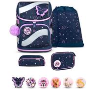 Belmil Smarty Schulranzen Set 5-teilig Flowers Blue mit Brustgurt, Hüftgurt, Magnetverschluss, Patch Set 6 Stück Flowers Blue Schulranzen Set