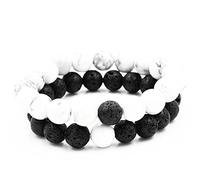 Belons Damen Herren Stretcharmbänder 8mm/10mm Weiß & Schwarz Beads Perlen Lava-Stein Energiearmband Partnerarmbänder Set, 2 Stücke (Schwarz-Weiß(10mm))