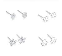 Belons Damen Ohrringe Kleine Ohrstecker Ohrringe, 4 Paare 999 Sterling Silber Kleeblatt Blume Chrysantheme Mini Ohrstecker Ohrringe Set für Mädchen Frauen Kinder