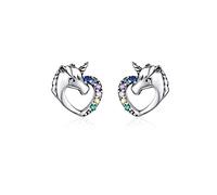 Belons Einhorn Ohrringe 925 Sterling Silber Mädchen Ohrstecker Herz mit Mehrfarbig Zirkonia, Geschenk für Damen Frauen Kinder