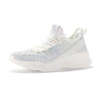 BELOS Damen Strass Mesh Slip On Walking Schuhe Mode Atmungsaktiv Spakle Glitter Sneaker, Weißes Hologramm, 43 EU