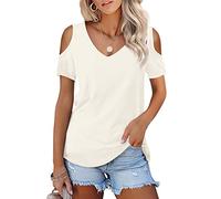 Beluring Damen Kurzarm Shirt Elegant Schulterfreie Oberteile Tops V-Ausschnitt Bluse Champagner M