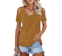 Beluring Damen Tshirt Kurzarm Sommer Schulterfreie T-Shirt Tops V-Ausschnitt Shirts Kaffee L