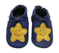 Bemesu Krabbelschuhe Baby Lauflernschuhe Weicher Leder Babyschuhe Lederpuschen mit Wildledersohlen Kleinkind Babyhausschuhe für Mädchen Jungen Dunkelblau Gelb Stern (XL, 18-24 M, EU 23/24)