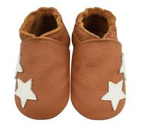 Bemesu Krabbelschuhe Baby Lauflernschuhe Weicher Leder Babyschuhe Lederpuschen mit Wildledersohlen Kleinkind Babyhausschuhe für Mädchen Jungen Braun Sterne (M, 6-12 M, EU 20/21)