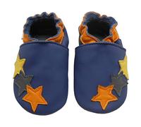 Bemesu Krabbelschuhe Baby Lauflernschuhe Weicher Leder Babyschuhe Lederpuschen mit Wildledersohlen Kleinkind Babyhausschuhe für Mädchen Jungen Dunkelblaue Sterne (M, 6-12 M, EU 20/21)