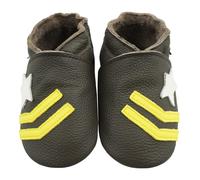 Bemesu Krabbelschuhe Baby Lauflernschuhe Weicher Leder Babyschuhe Lederpuschen mit Wildledersohlen Kleinkind Babyhausschuhe für Mädchen Jungen Dunkelbraun Stern (L, 12-18 M, EU 21/22)