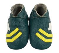 Bemesu Krabbelschuhe Baby Lauflernschuhe Weicher Leder Babyschuhe Lederpuschen mit Wildledersohlen Kleinkind Babyhausschuhe für Mädchen Jungen Dunkelgrün Stern (M, 6-12 M, EU 20/21)