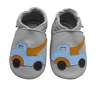 Bemesu Krabbelschuhe Baby Lauflernschuhe Weicher Leder Babyschuhe Lederpuschen mit Wildledersohlen Kleinkind Babyhausschuhe für Mädchen Jungen Hellgrau Kranlastwagen (L, 12-18 M, EU 21/22)
