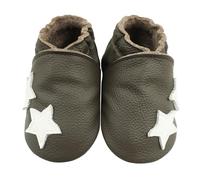 Bemesu Krabbelschuhe Baby Lauflernschuhe Weicher Leder Babyschuhe Lederpuschen mit Wildledersohlen Kleinkind Babyhausschuhe für Mädchen Jungen Dunkelbraun Sterne (M, 6-12 M, EU 20/21)