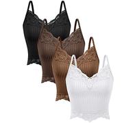 Bencailor 4 Stück Y2k Spitze Camisole Tank Tops Feen Grunge Gerippte Gestrickte Spitze Cami Crop Tops (as3, Alpha, x_l, Regular, Regular, Dunkle Schokolade, Schokolade, Weiß, Schwarz)