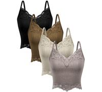 Bencailor 4 Stück Y2k Spitze Camisole Tank Tops Feen Grunge Gerippte Gestrickte Spitze Cami Crop Tops (as3, Alpha, x_l, Regular, Regular, Weiß, Hautfarbe, Hellgrau, Schwarz)