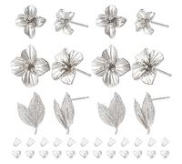 BENECREAT 12 Stück 3 Stile Messingnieten, Platin-Blumen- Und Blatt-Ohrstecker Messing-Nieten Mit Schlaufen Und 30 Stück Kunststoff-Nieten Für DIY-Ohrring-Bastelzubehör, Stift: 0.5-0.8 mm