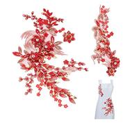 BENECREAT 2 Stück 3D-Patches Mit Roten Blumen Und Perlen, Stickerei-Spitzenborte Mit Pailletten-Strass-Patch Für DIY-Hochzeitskleid, Kleidungszubehör