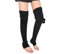 Benefeet Sox Beinstulpen aus Wolle für Damen, Vintage, Boho, lang, Winter, warm, Oberschenkelhoch, ohne Füße, Schwarzes Häkeln mit Bommel, Medium