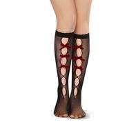 Benefeet Sox Damen Fischnetz Kniestrümpfe Schwarz Weiß Mädchen Mesh Spitze Kniestrümpfe mit Schleife Niedlich Lolita Strumpf, Schwarze, rote Samtschleife, Einheitsgröße