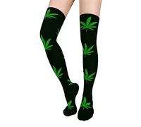 Benefeet Sox Damen lange über knie-schenkel-hohe socken marijuana weed blatt lustige verrückte school party cosplay custume strümpfe damen eine größe (6-11) schwarz + grün cannabis blätter