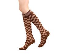 Benefeet Sox Damen Mädchen Kniestrümpfe Neuheit Argyle Kariert Fußball Baumwolle Lange Röhrensocken, Schachbrett-Kaffeebraun, Einheitsgröße