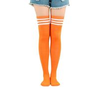 Benefeet Sox Damen Oberschenkelhohe Socken Mädchen Neuheit Baumwolle Overknee Socken Lustige verrückte lange Strümpfe Beinstulpen, Neonorange mit drei Streifen, Einheitsgröße