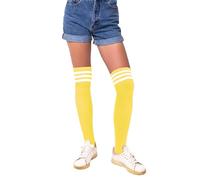 Benefeet Sox Damen Oberschenkelhohe Socken Mädchen Neuheit Baumwolle Overknee Socken Lustige verrückte lange Strümpfe Beinstulpen, Gelb mit drei Streifen, Einheitsgröße