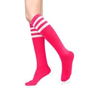 Benefeet Sox Dreifach gestreifte Kniestrümpfe für Damen und Mädchen, lange Schlauchsocken, sportlich, lässig, Baumwollstrümpfe, Hot Pink / Weiß, Einheitsgröße
