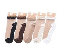 Benefeet Sox Durchsichtige Damen-Socken für Mädchen, Spitze, Netzstoff, Nylon, ultradünn, transparent, Sommersocken, 5 Paar Spitzenrüschen (Schwarz, Kaffee, Weiß, Beige, Khaki), Einheitsgröße