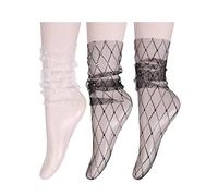 Benefeet Sox Durchsichtige Netzsocken für Damen und Mädchen, durchsichtig, lose Socken, ausgefallene Tüllsocken, 3er-Pack - Argyle-Perlen-Diamanten, Schwarz / Weiß, Einheitsgröße