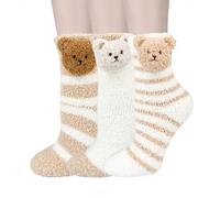 Benefeet Sox Flauschige Damen-Socken für Mädchen, niedlich, flauschig, Winter, warm, weich, gemütlich, Plüsch, für den Innenbereich, 3er-Pack, braun gestreift, 3D-Bär, Einheitsgröße