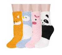 Benefeet Sox Flauschige Socken für Damen, niedliche Hausschuhsocken, Mädchen, lustig, flauschig, Winter, warm, weich, gemütlich, Plüsch, Schlafsocken für den Innenbereich, 4er-Pack - Tier (Schwein,