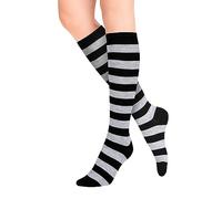 Benefeet Sox Gestreifte Kniestrümpfe für Damen, Mädchen, lustig, sportlich, bunt, gestreift, niedliche Strümpfe, Schlauchsocken, Hellgrau und Schwarz gestreift, Einheitsgröße