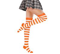 Benefeet Sox Gestreifte Oberschenkelstrümpfe für Damen, niedlich, gestreift, für Teenager, Mädchen, lange Baumwollsocken, Orange, weiß, Einheitsgröße