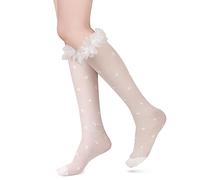 Benefeet Sox Kniestrümpfe aus Spitze, durchsichtig, Netzstoff, kniehohe Strümpfe, Lolita, Wadensocken, Weiße Herz-Rüschen, Einheitsgröße