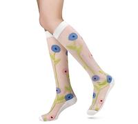 Benefeet Sox Kniestrümpfe für Damen, Spitze, Nylon, sexy, durchsichtig, Netzstoff, Schwarz / Weiß, Süßes Blumenmuster, Einheitsgröße