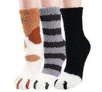Benefeet Sox Frauen Mädchen Niedliche Tier Fuzzy Socken Winter Warm Weiche Slipper Socke Flauschig Schlafen Thermische Fleece Plüsch Socke Geschenk, 3er-Pack Katzenkralle mit Pfotenabdruck,