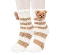 Benefeet Sox Niedliche flauschige Socken für Damen und Mädchen, flauschig, warm, gemütlich, lustige Tier-Plüsch-Schlafsocken, Khaki weiß gestreifter Bär, Einheitsgröße