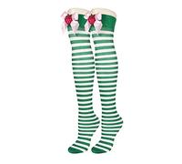 Benefeet Sox Oberschenkelhohe Socken für Damen und Mädchen, Baumwolle, Overknee-Socken, lustige verrückte lange Strümpfe, Beinstulpen, Grün und Weiß gestreift, Satinschleife, Erdbeere, Einheitsgröße