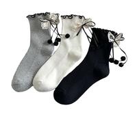 Benefeet Sox Süße Rüschensocken für Damen und Mädchen, Rüschensocken mit Schleife, Kawaii-Baumwolle, Salat, Lolita, Prinzessinnen-Socken, 3er-Pack Schleifen (schwarz, weiß, grau), Einheitsgröße