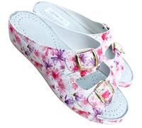 Benessere del tuo piede Damen-Hausschuhe Comfort Love Cristina Sommer aus Stoff mit doppelter Schnalle zur Verstellung leicht vegan freundlich, Blumen Fuchsia, 37 EU