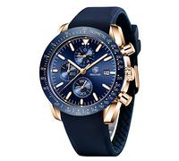 BENYAR by Herren Business Analoger Chronograph Quarzuhr 30M Wasserdicht Leuchtende Datumsanzeige Modische Freizeituhr Sport Multifunktions Lederuhr. (Gummi Gold Blau)