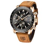 BENYAR Herrenuhr, Quarz Sport Chronometer, Fashion Brand Business Uhr, braune Lederuhr, wasserdicht und Kratzfest, mit Kalender, Geschenkuhr (Braun Schwarz)
