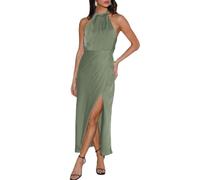 BEOVR 2025 Sommerkleid, Satin, Neckholder, rückenfrei, Schlitz, Midi-Kleid, elegant, gerüscht, Hochzeitsgäste, Maxikleid für Damen, Salbei, X-Klein