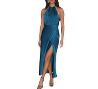 BEOVR 2026 Sommerkleid, Satin, Neckholder, rückenfrei, Schlitz, Midi-Kleid, elegant, gerüscht, Hochzeitsgäste, Maxikleid für Damen, Blaugrün/Ein Hauch von Paradies (Trace of Paradise), Klein